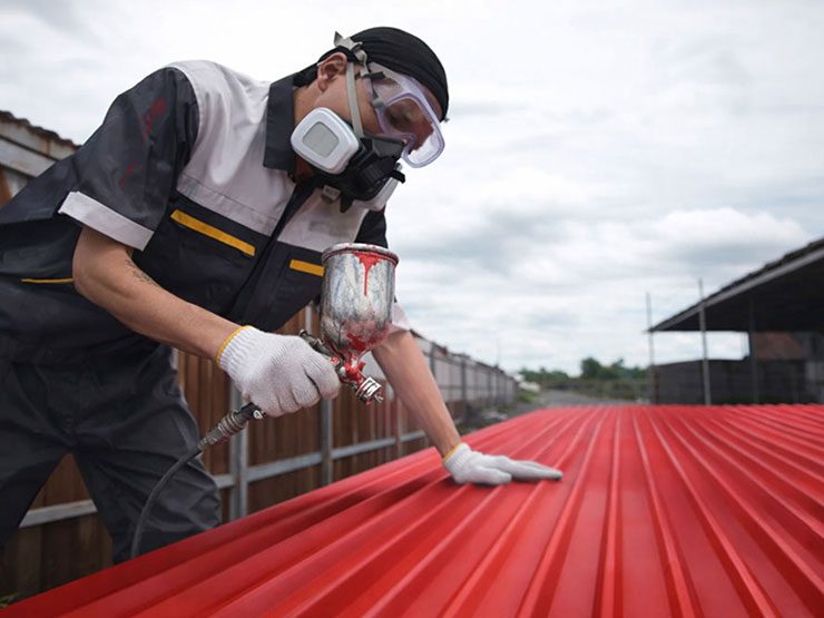 A roofing professional wearing protective gear applies a red sealant to a metal roof, highlighting expert roof coating services.